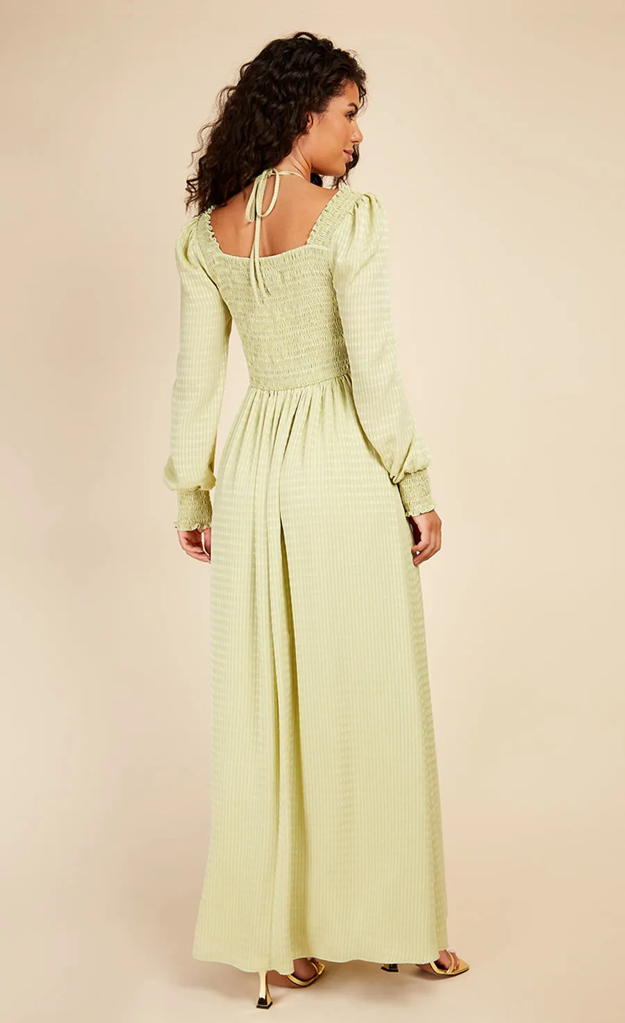 Chartreuse Check Tie Neck Maxi Dress