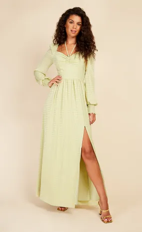 Chartreuse Check Tie Neck Maxi Dress