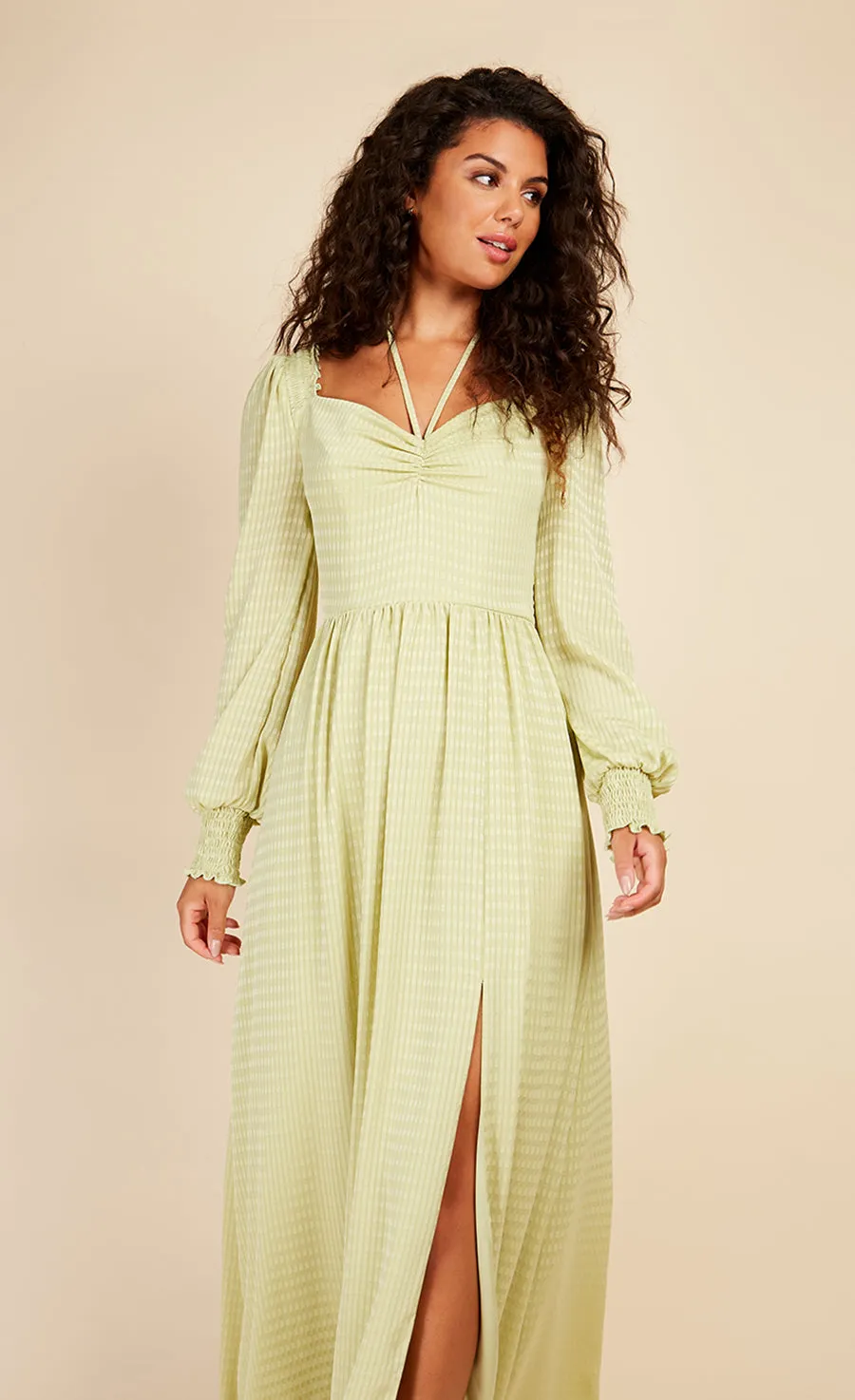Chartreuse Check Tie Neck Maxi Dress