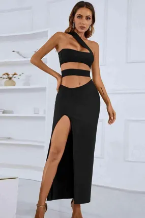 Chic One-Shoulder Evening Maxi Dress with Front Slit - Ideal for Special Occasions
