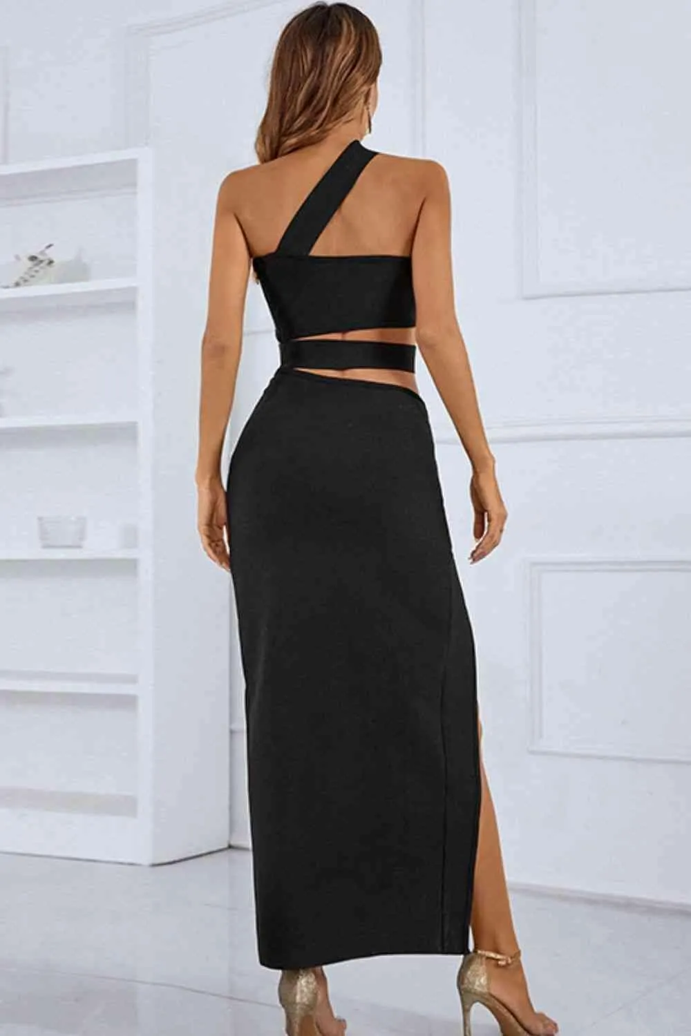 Chic One-Shoulder Evening Maxi Dress with Front Slit - Ideal for Special Occasions