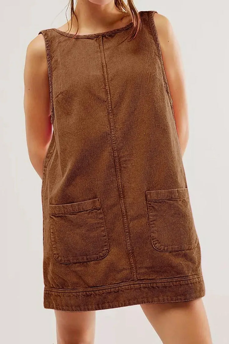Chic Round Neck Scoop Back Hanky Pocket Corduroy Summer Mini Sundress