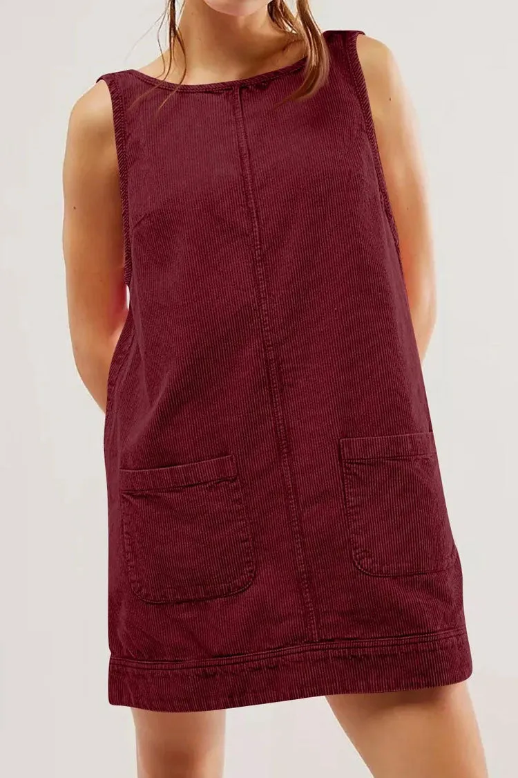 Chic Round Neck Scoop Back Hanky Pocket Corduroy Summer Mini Sundress