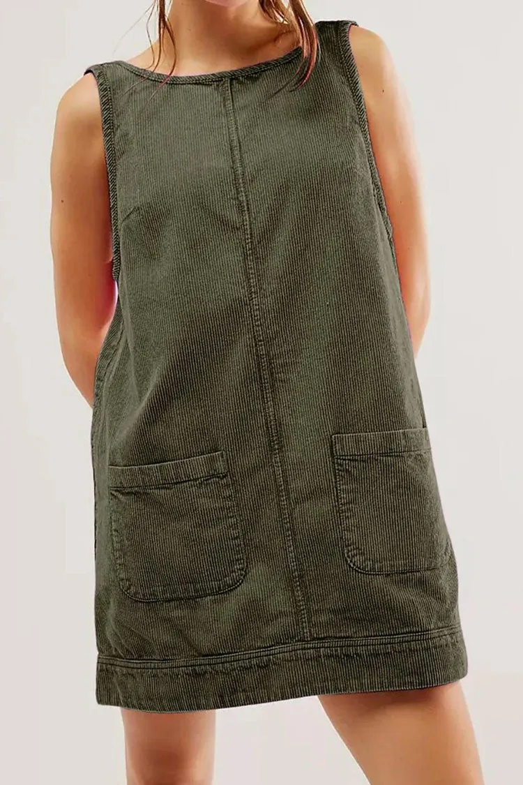 Chic Round Neck Scoop Back Hanky Pocket Corduroy Summer Mini Sundress