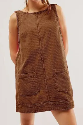 Chic Round Neck Scoop Back Hanky Pocket Corduroy Summer Mini Sundress