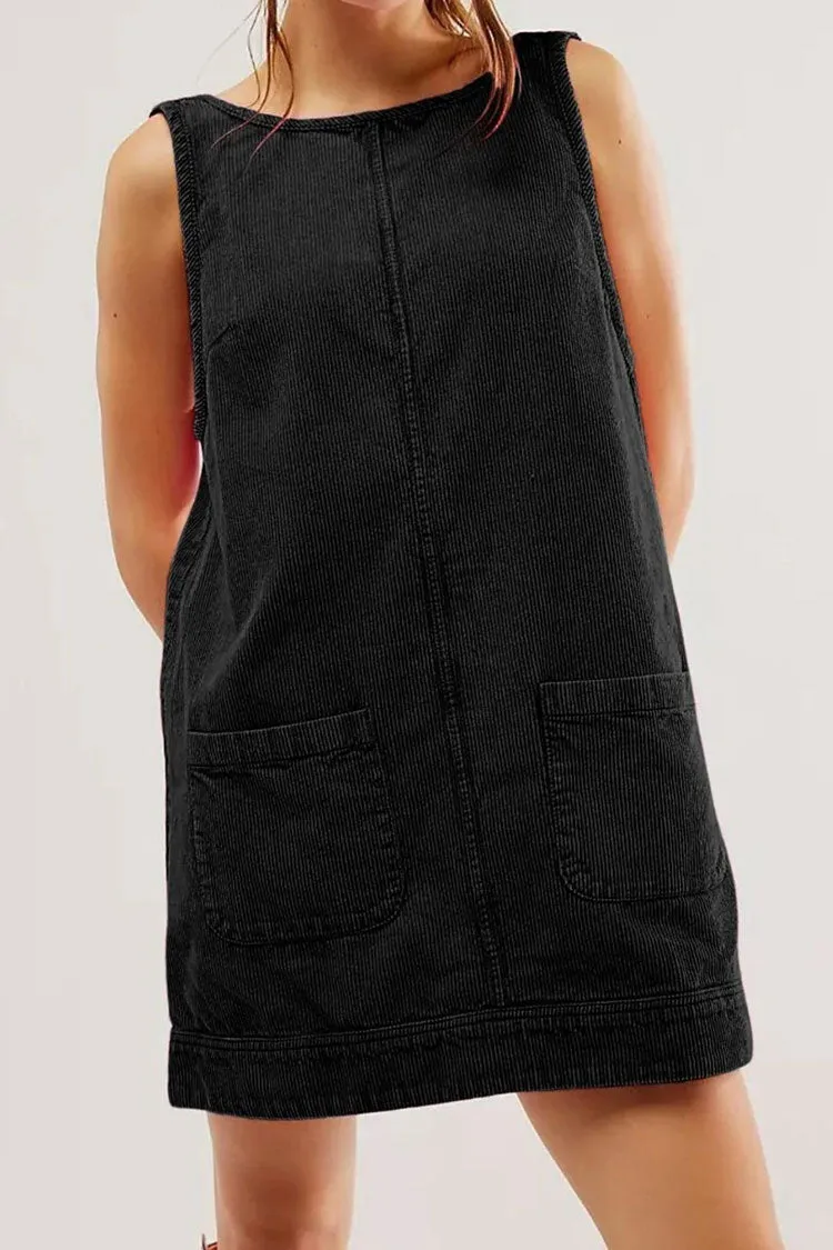 Chic Round Neck Scoop Back Hanky Pocket Corduroy Summer Mini Sundress
