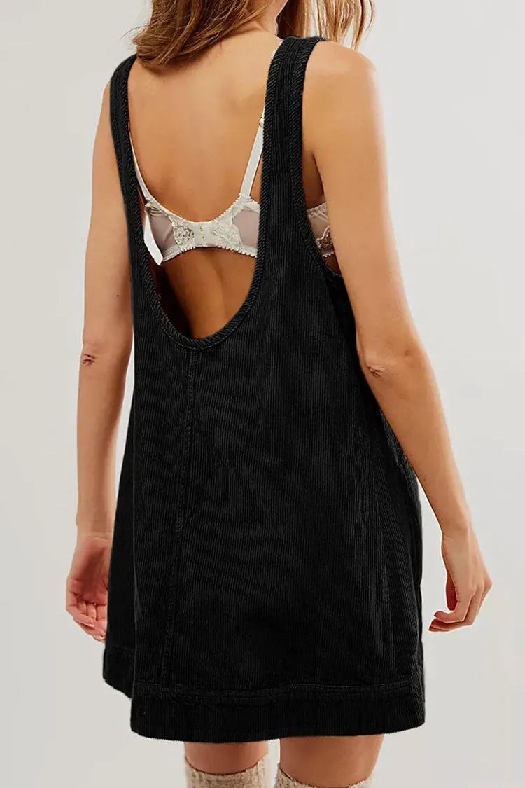 Chic Round Neck Scoop Back Hanky Pocket Corduroy Summer Mini Sundress