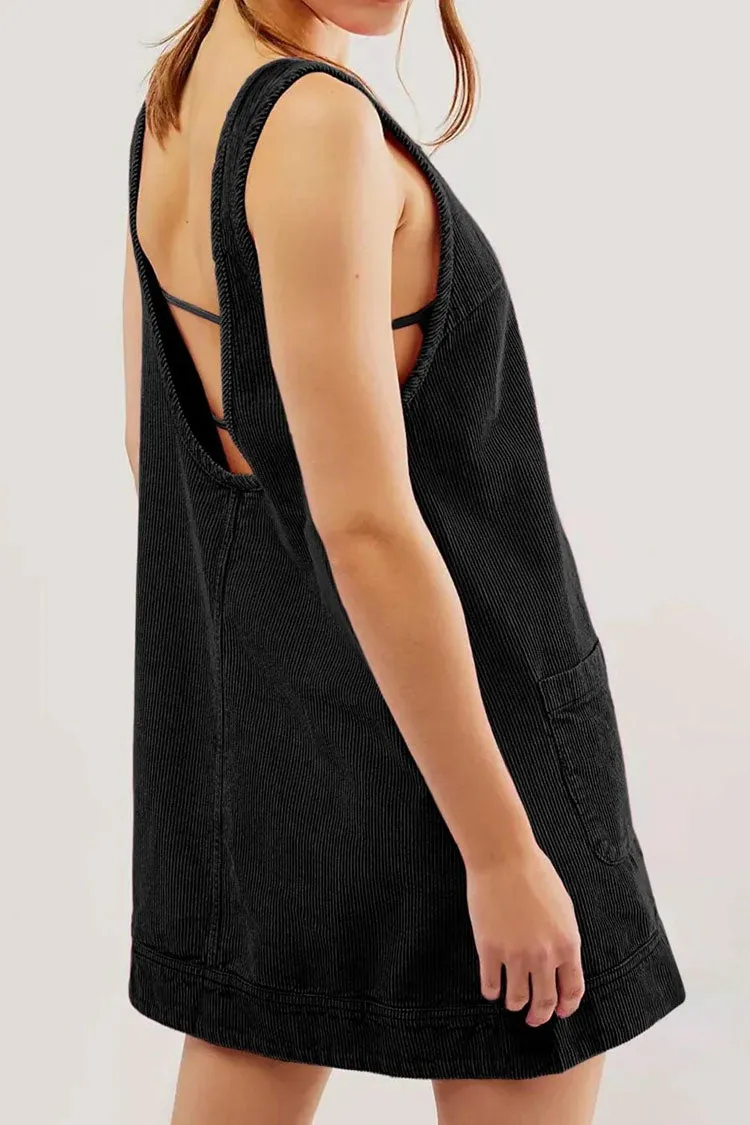Chic Round Neck Scoop Back Hanky Pocket Corduroy Summer Mini Sundress