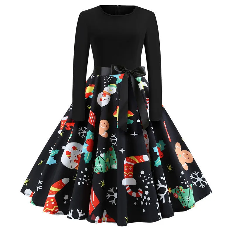 Christmas Crek-Neck Christmas Print Retro Dress