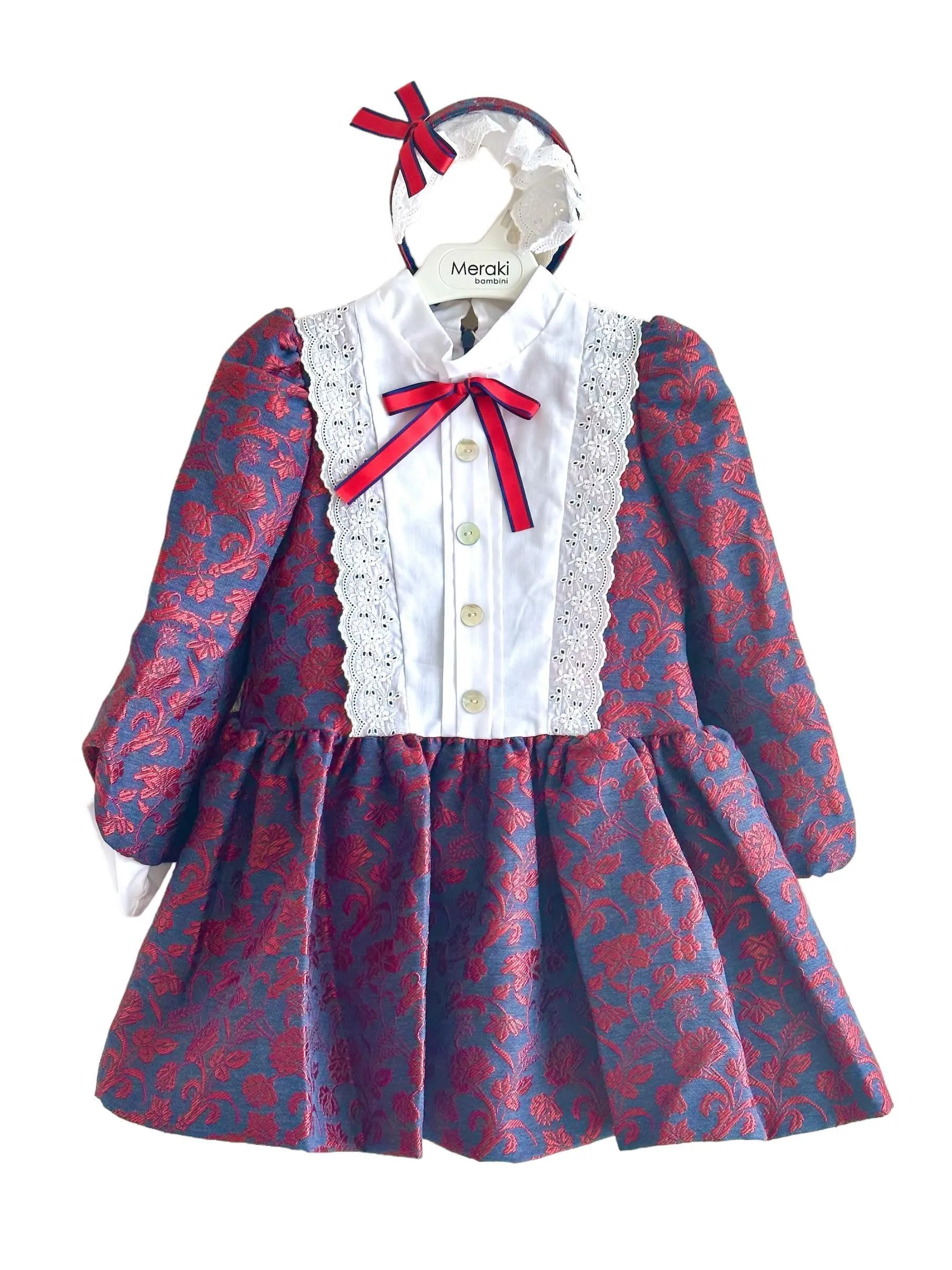 CLEARANCE SALE - Meraki Bambini AW23 - Girls Navy & Red Dress with Matching Headpiece