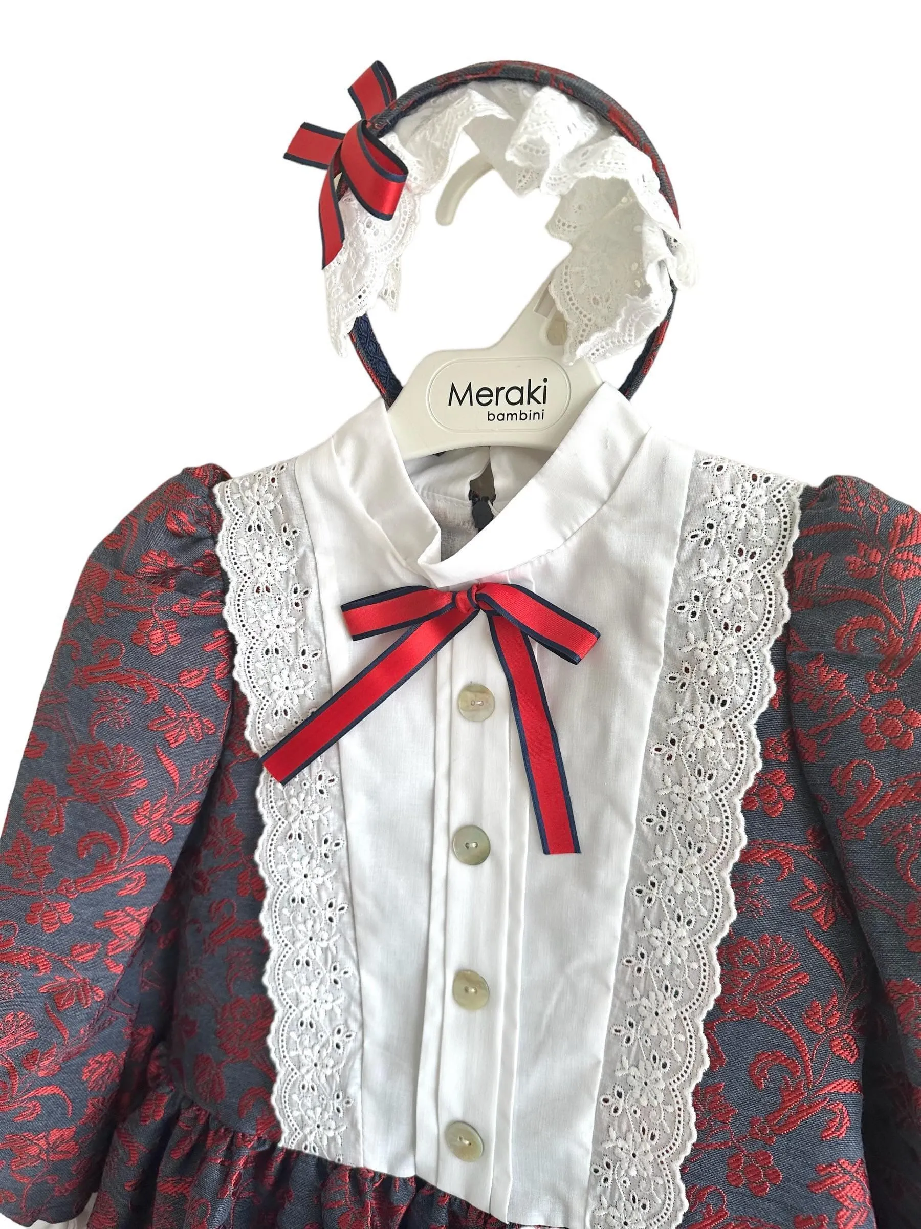 CLEARANCE SALE - Meraki Bambini AW23 - Girls Navy & Red Dress with Matching Headpiece
