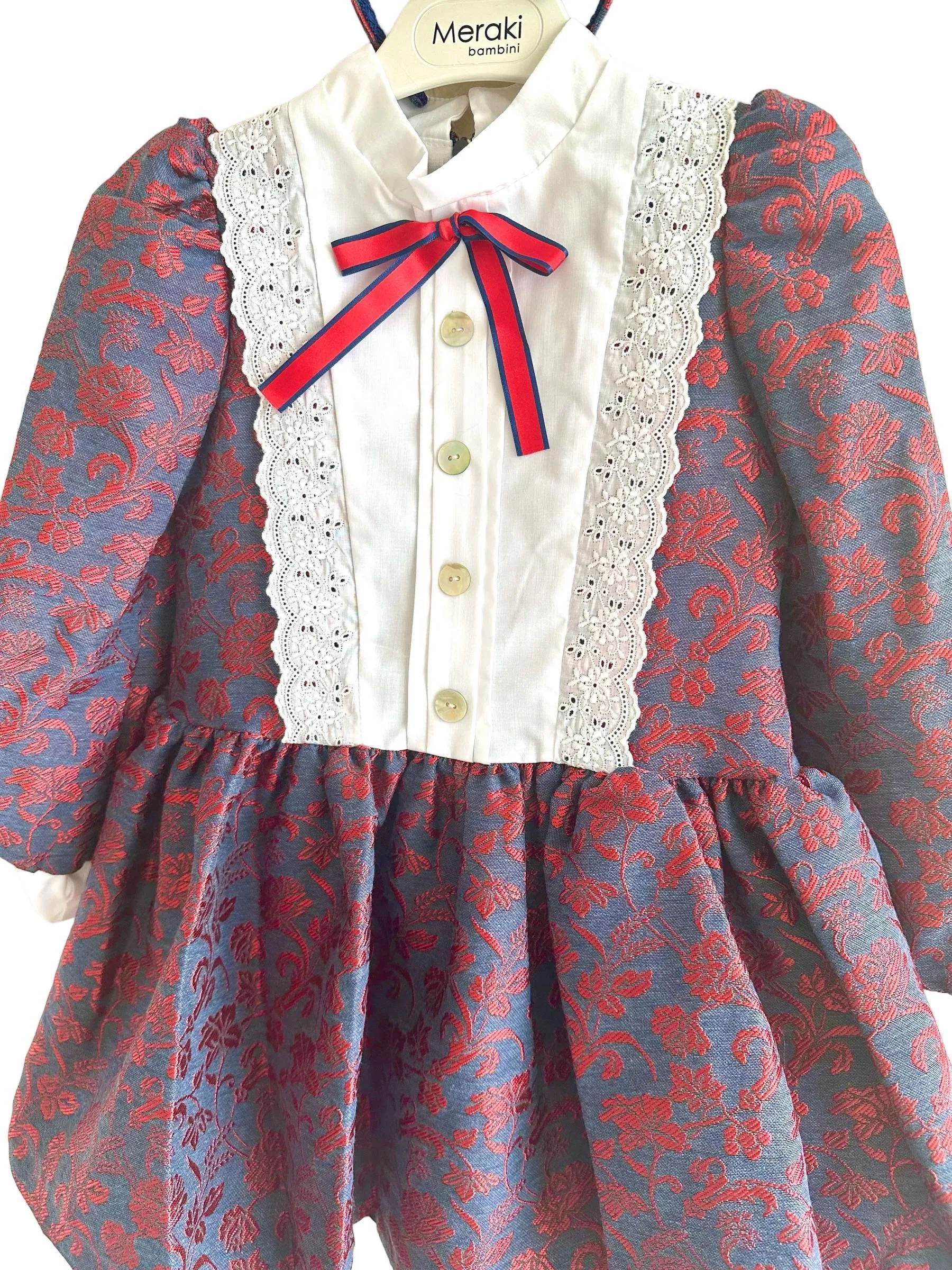 CLEARANCE SALE - Meraki Bambini AW23 - Girls Navy & Red Dress with Matching Headpiece