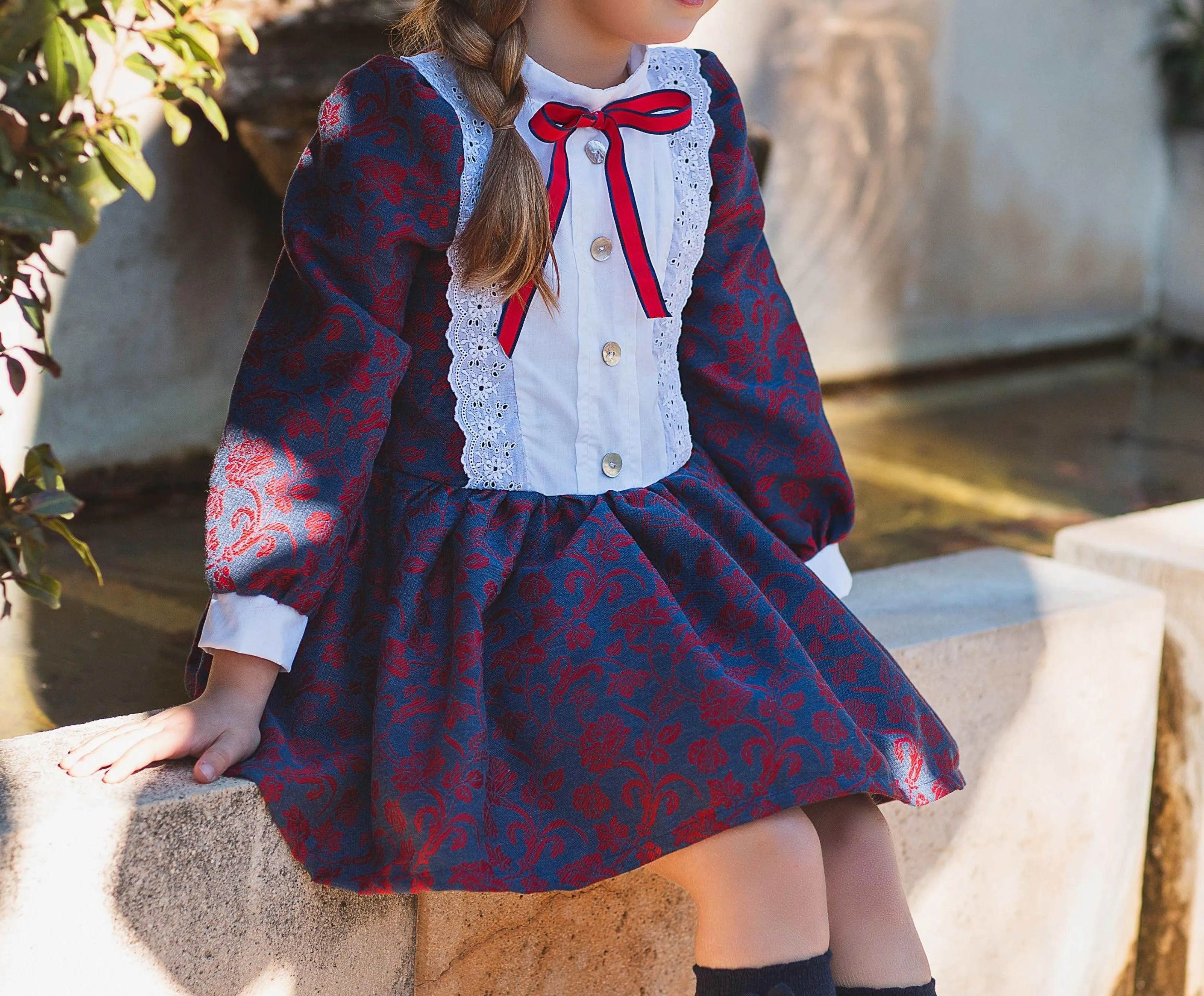 CLEARANCE SALE - Meraki Bambini AW23 - Girls Navy & Red Dress with Matching Headpiece