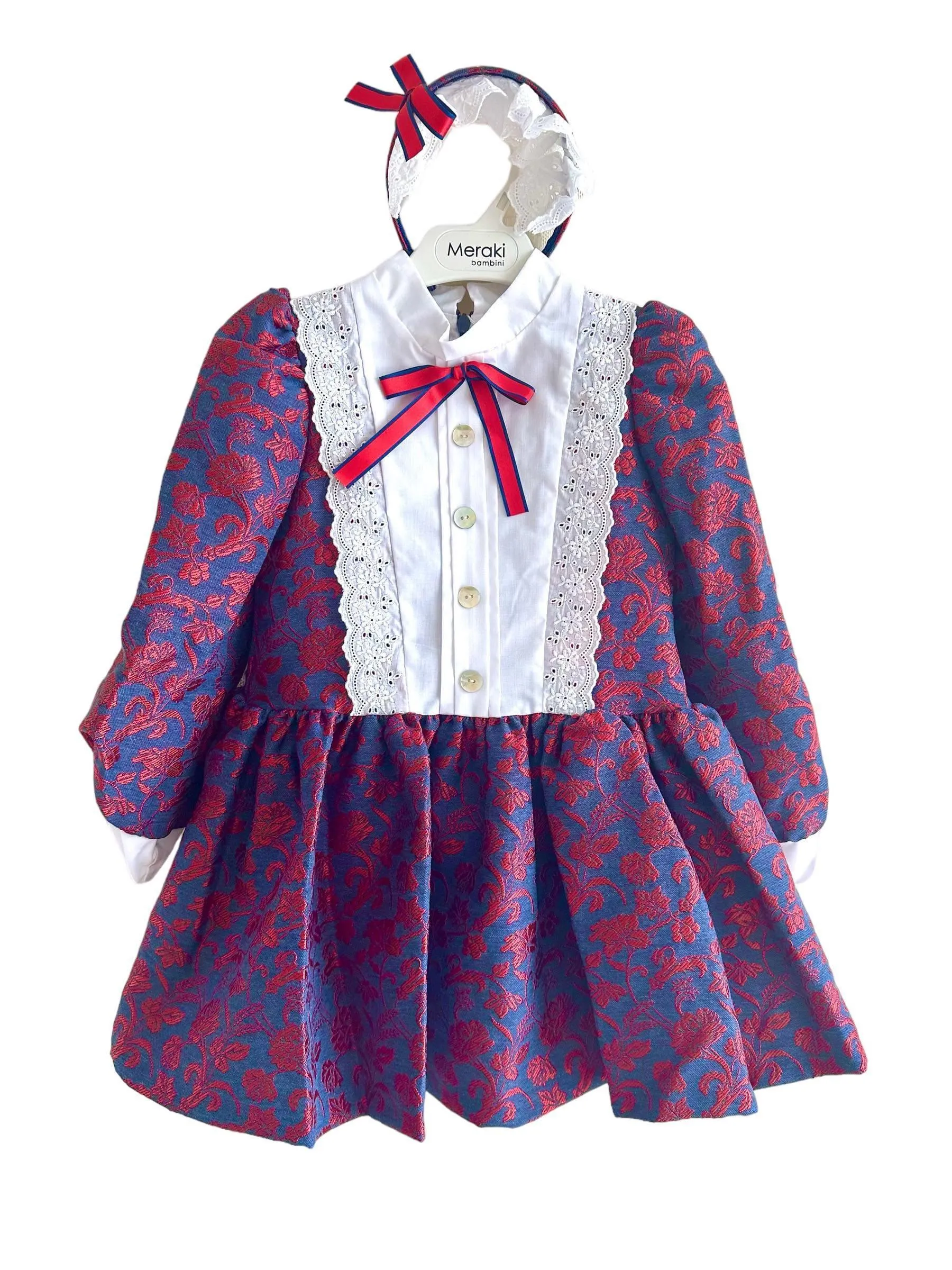 CLEARANCE SALE - Meraki Bambini AW23 - Girls Navy & Red Dress with Matching Headpiece