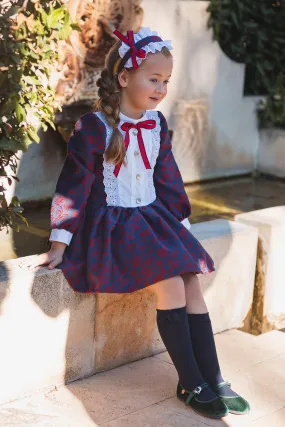 CLEARANCE SALE - Meraki Bambini AW23 - Girls Navy & Red Dress with Matching Headpiece