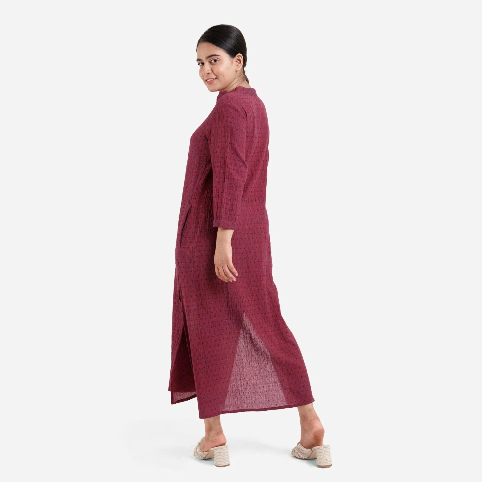 Crimson Red Ditsy Print Cotton Ankle Length Dress