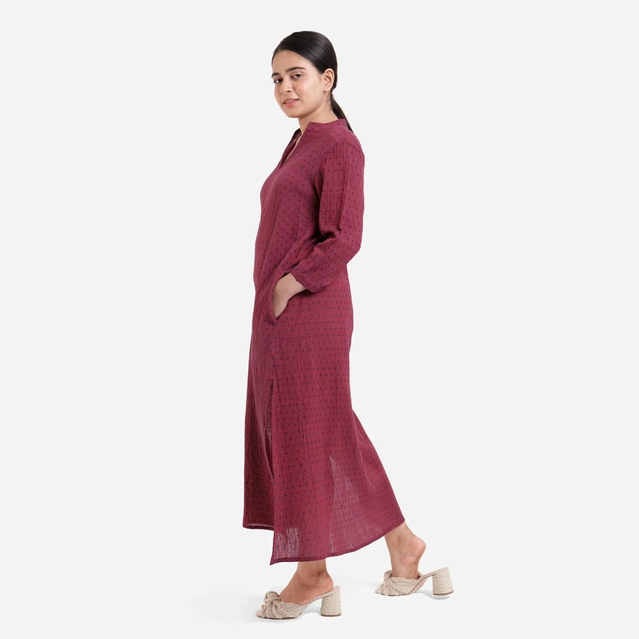 Crimson Red Ditsy Print Cotton Ankle Length Dress