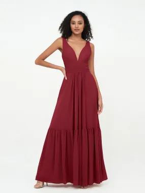 Deep-V Neck Chiffon Tiered Skirt Boho Dresses-Burgundy Plus Size