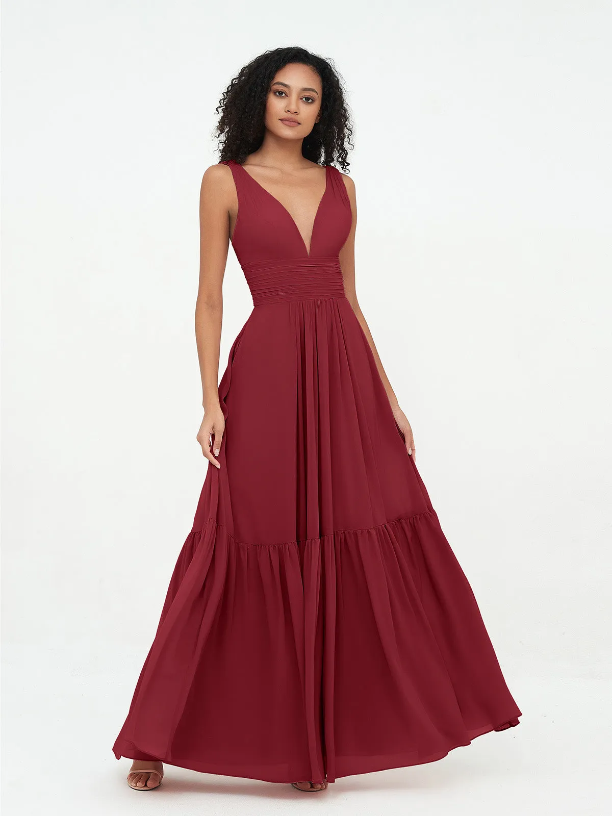Deep-V Neck Chiffon Tiered Skirt Boho Dresses-Burgundy Plus Size