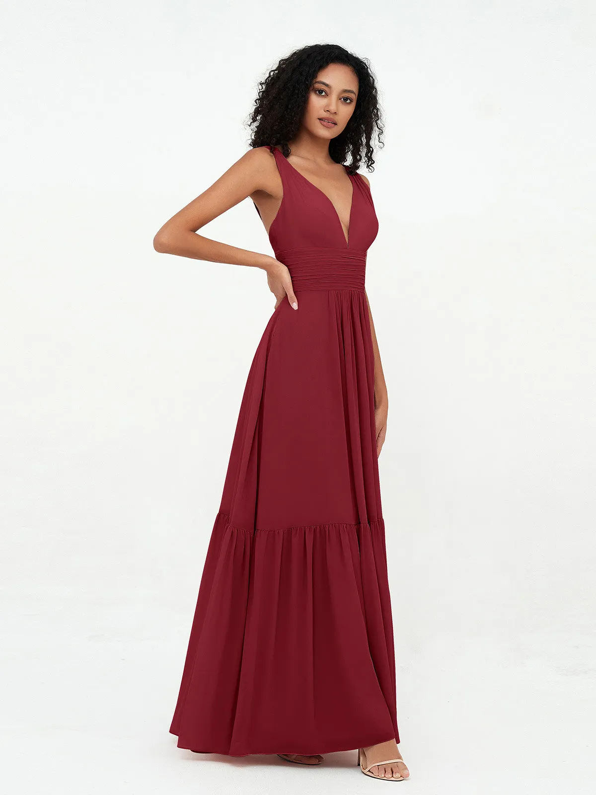 Deep-V Neck Chiffon Tiered Skirt Boho Dresses-Burgundy Plus Size