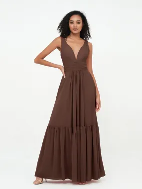 Deep-V Neck Chiffon Tiered Skirt Boho Dresses-Chocolate Plus Size