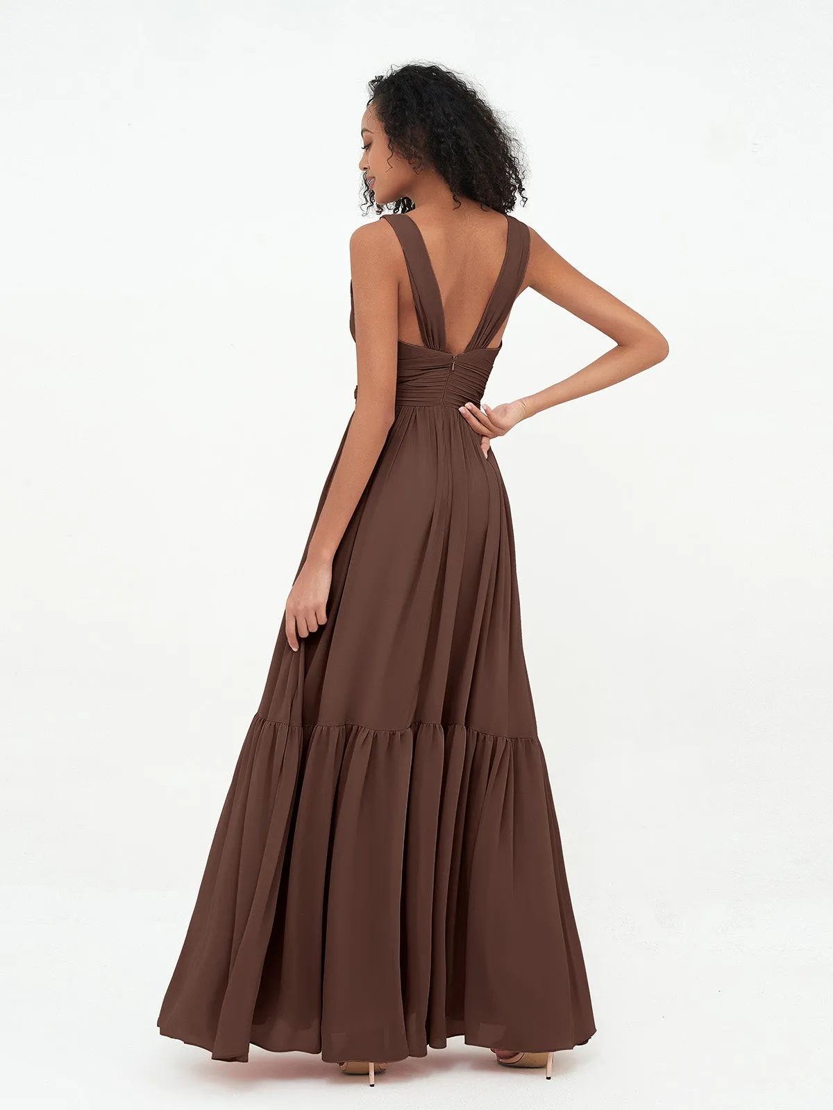 Deep-V Neck Chiffon Tiered Skirt Boho Dresses-Chocolate Plus Size