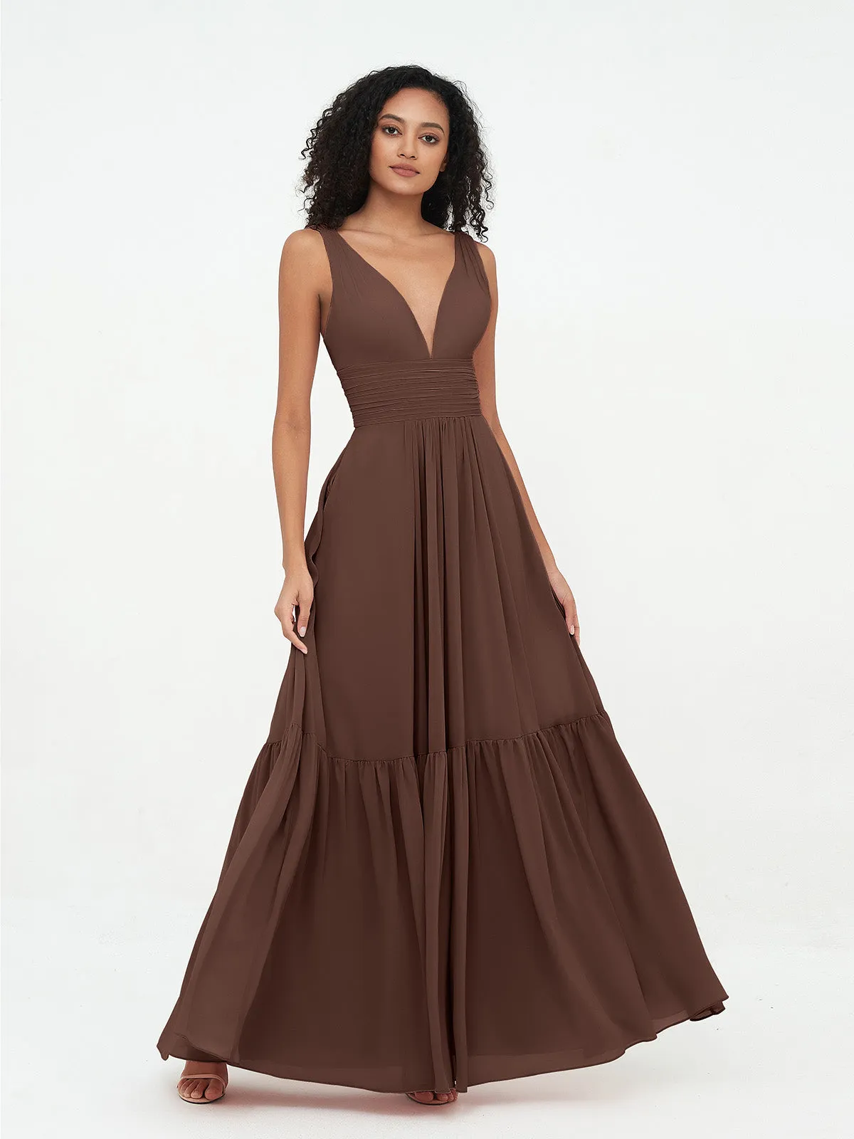 Deep-V Neck Chiffon Tiered Skirt Boho Dresses-Chocolate Plus Size