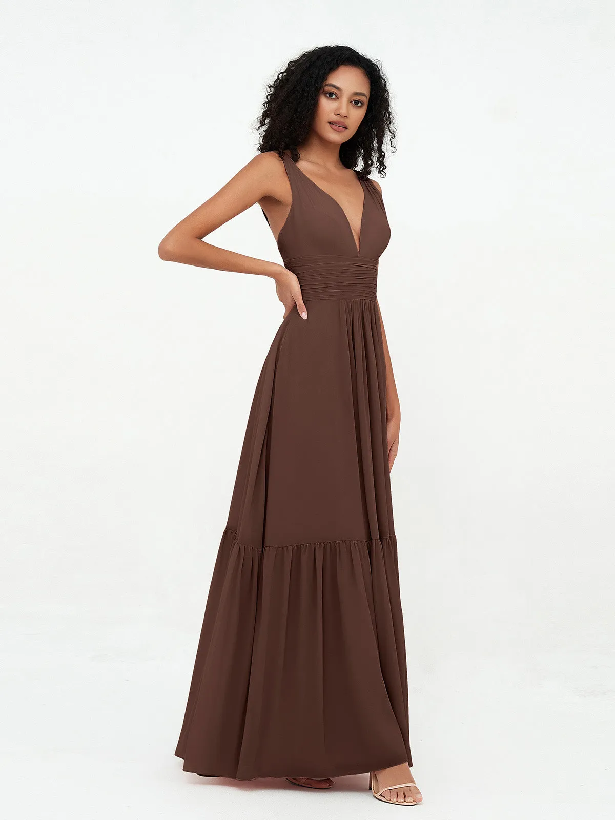 Deep-V Neck Chiffon Tiered Skirt Boho Dresses-Chocolate Plus Size