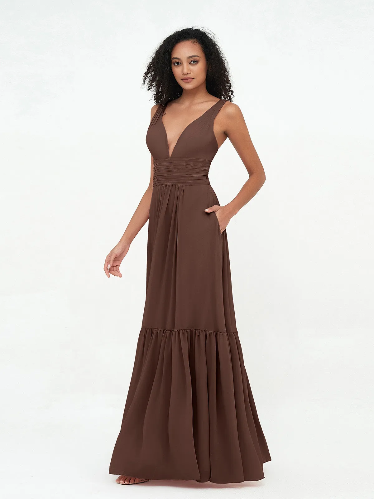 Deep-V Neck Chiffon Tiered Skirt Boho Dresses-Chocolate Plus Size
