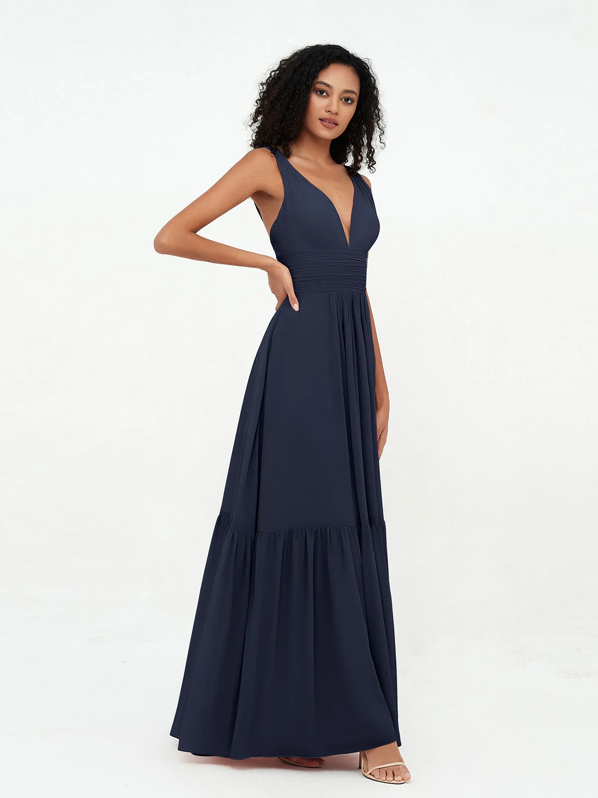 Deep-V Neck Chiffon Tiered Skirt Boho Dresses-Dark Navy Plus Size