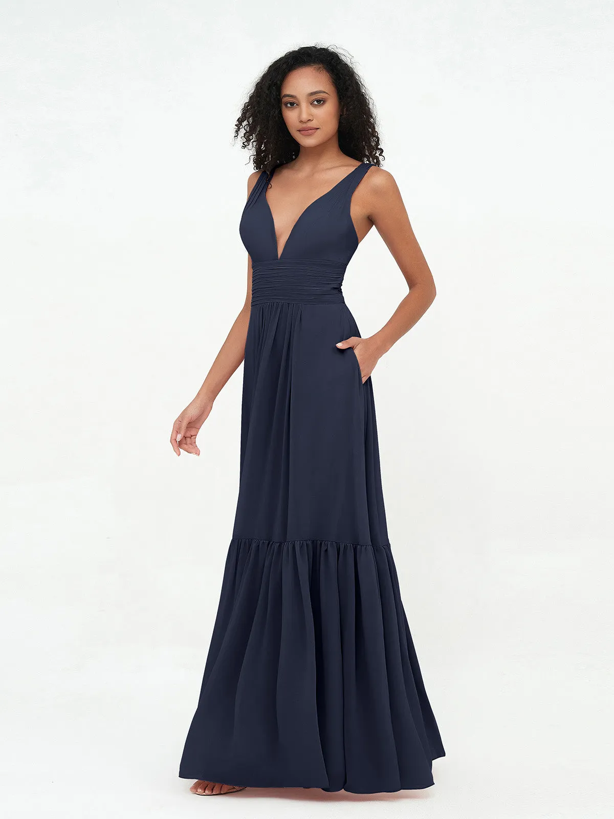 Deep-V Neck Chiffon Tiered Skirt Boho Dresses-Dark Navy Plus Size