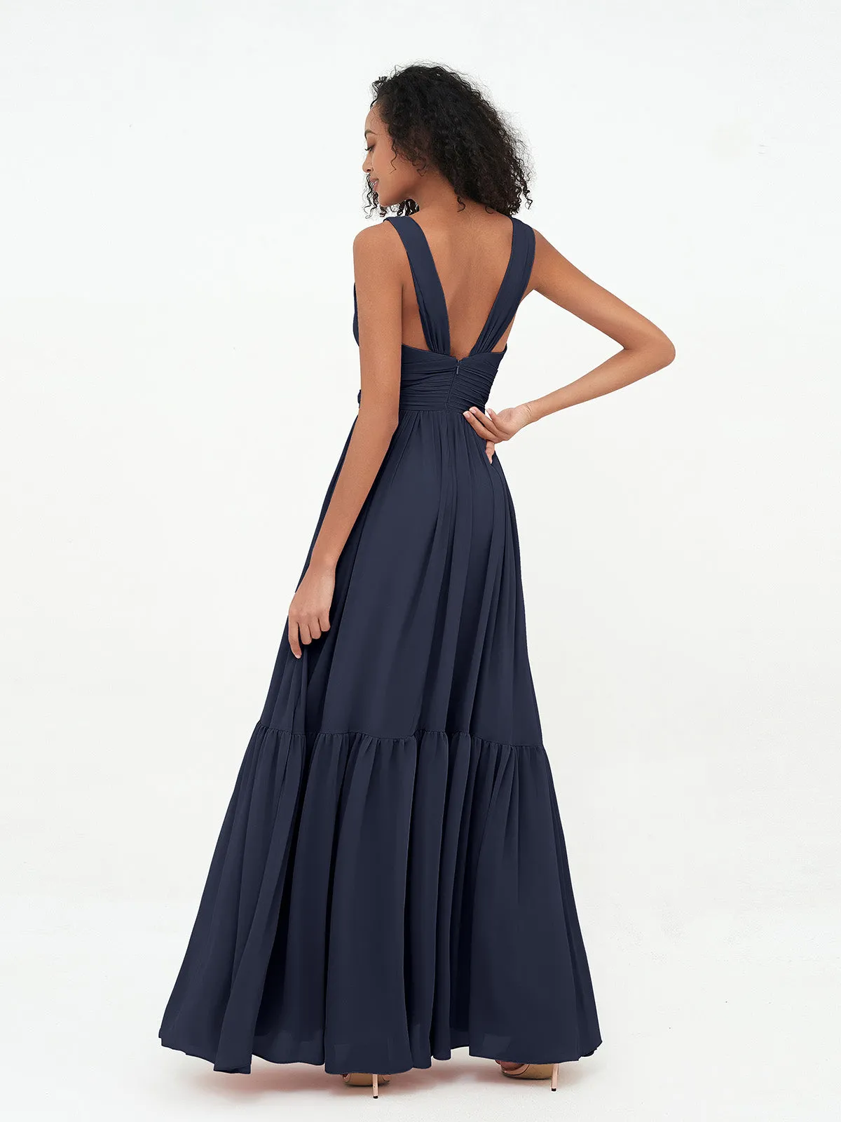 Deep-V Neck Chiffon Tiered Skirt Boho Dresses-Dark Navy Plus Size