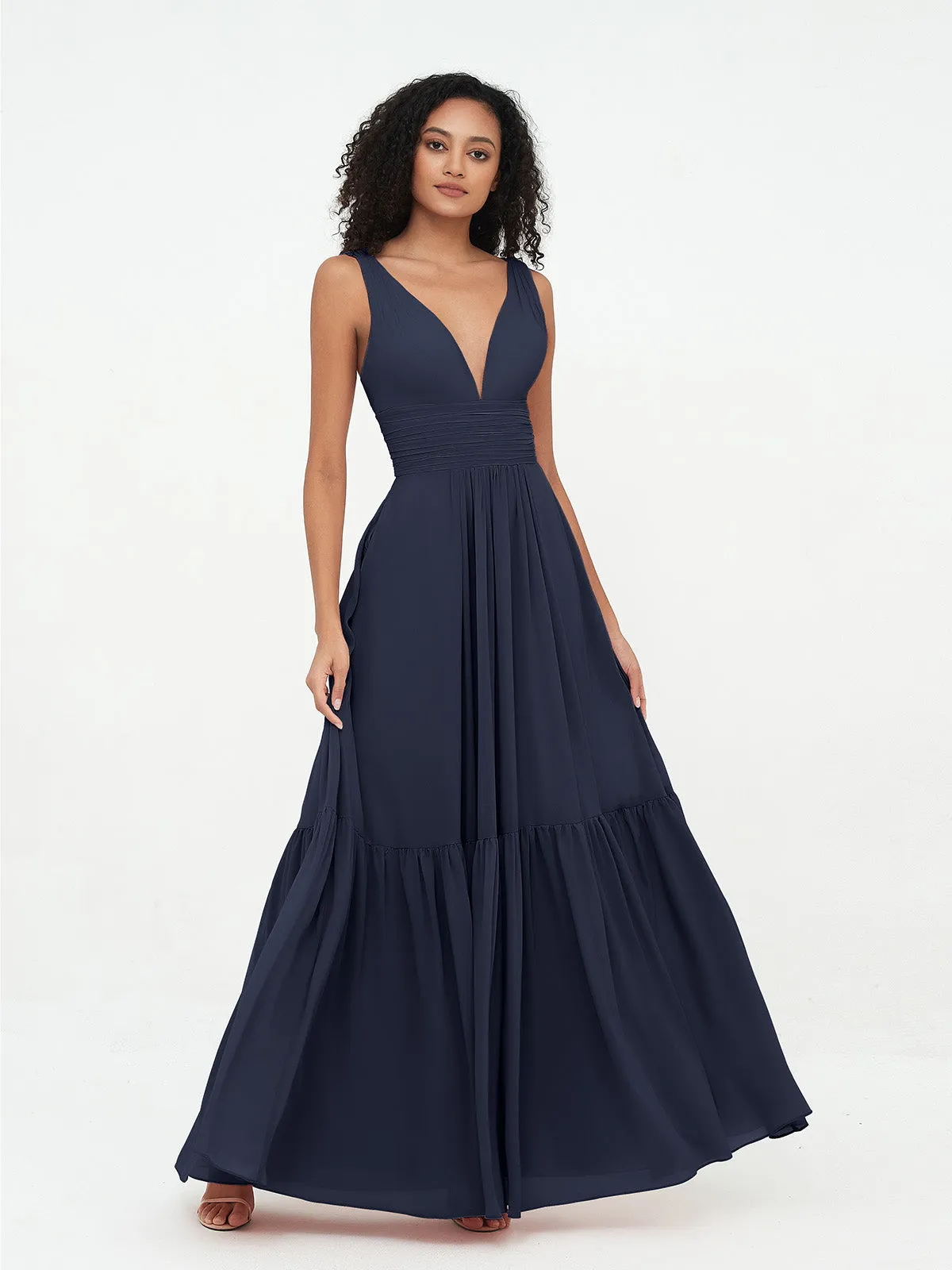 Deep-V Neck Chiffon Tiered Skirt Boho Dresses-Dark Navy Plus Size