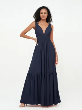 Deep-V Neck Chiffon Tiered Skirt Boho Dresses-Dark Navy Plus Size