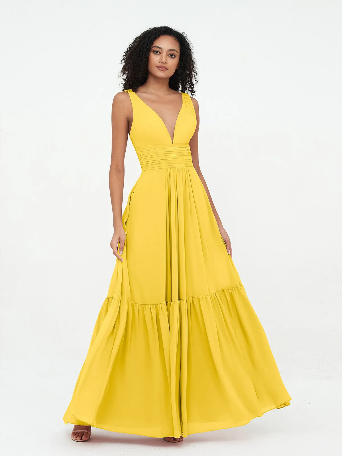 Deep-V Neck Chiffon Tiered Skirt Boho Dresses-Marigold Plus Size