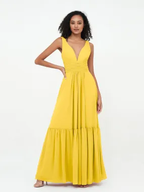 Deep-V Neck Chiffon Tiered Skirt Boho Dresses-Marigold Plus Size