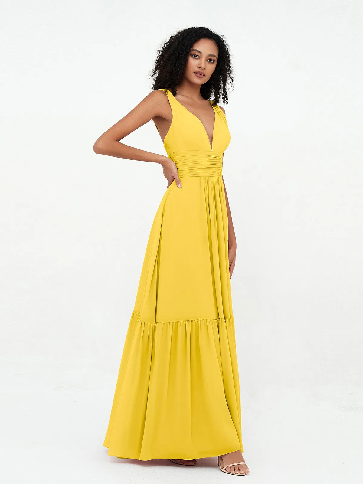Deep-V Neck Chiffon Tiered Skirt Boho Dresses-Marigold Plus Size