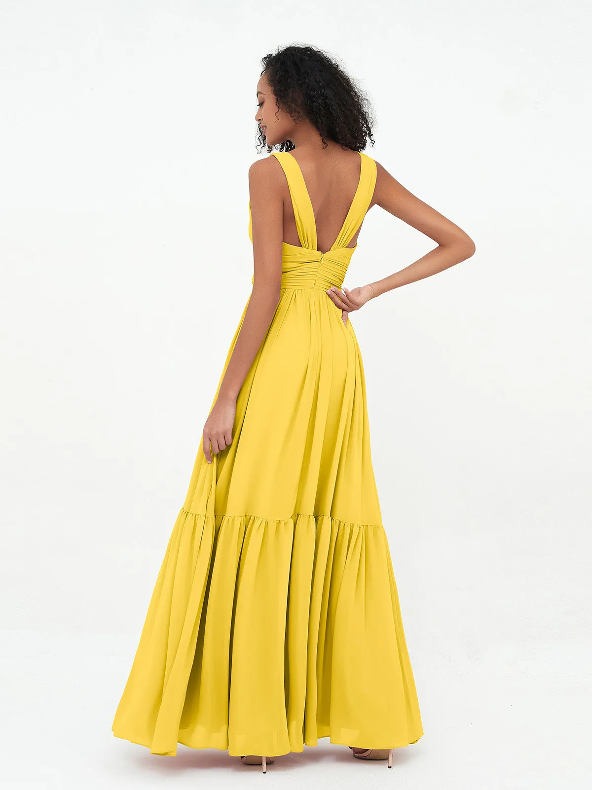 Deep-V Neck Chiffon Tiered Skirt Boho Dresses-Marigold Plus Size