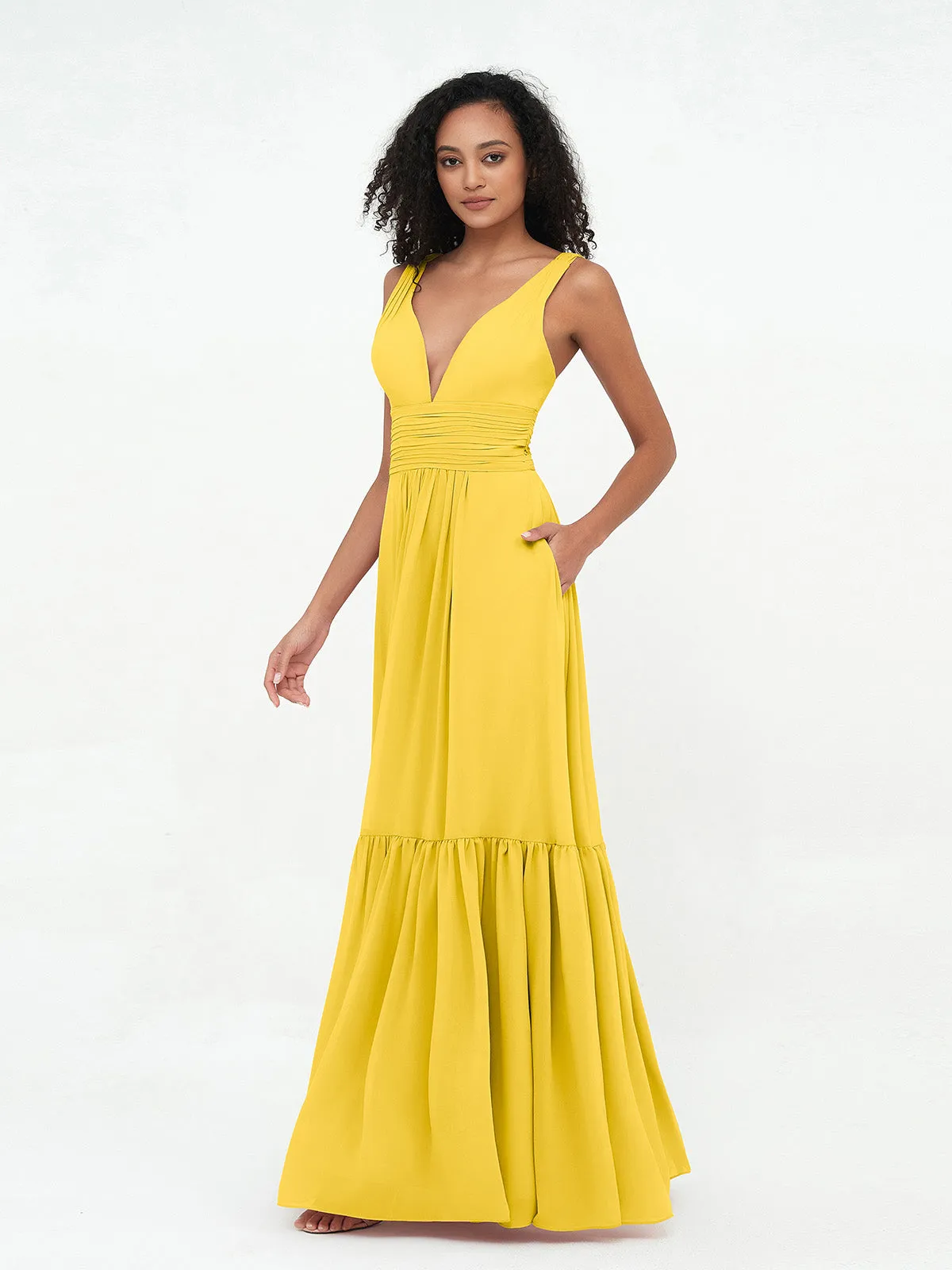 Deep-V Neck Chiffon Tiered Skirt Boho Dresses-Marigold Plus Size