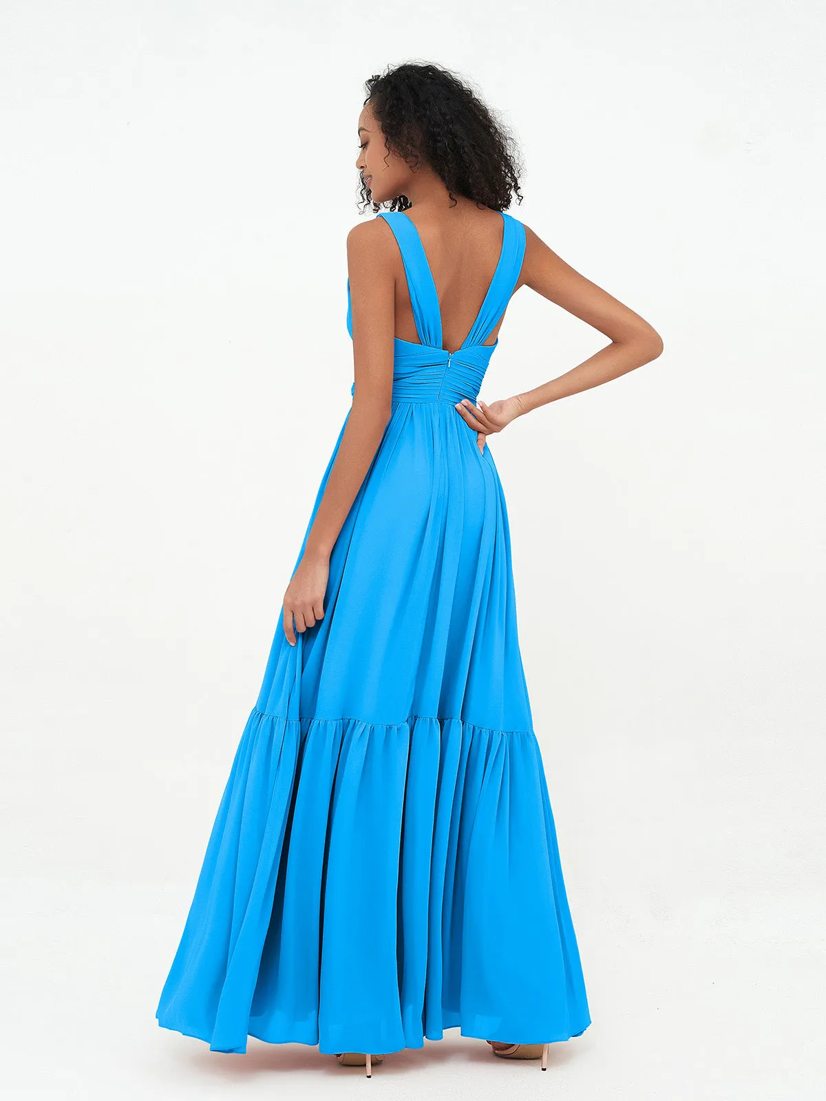 Deep-V Neck Chiffon Tiered Skirt Boho Dresses-Ocean Blue Plus Size