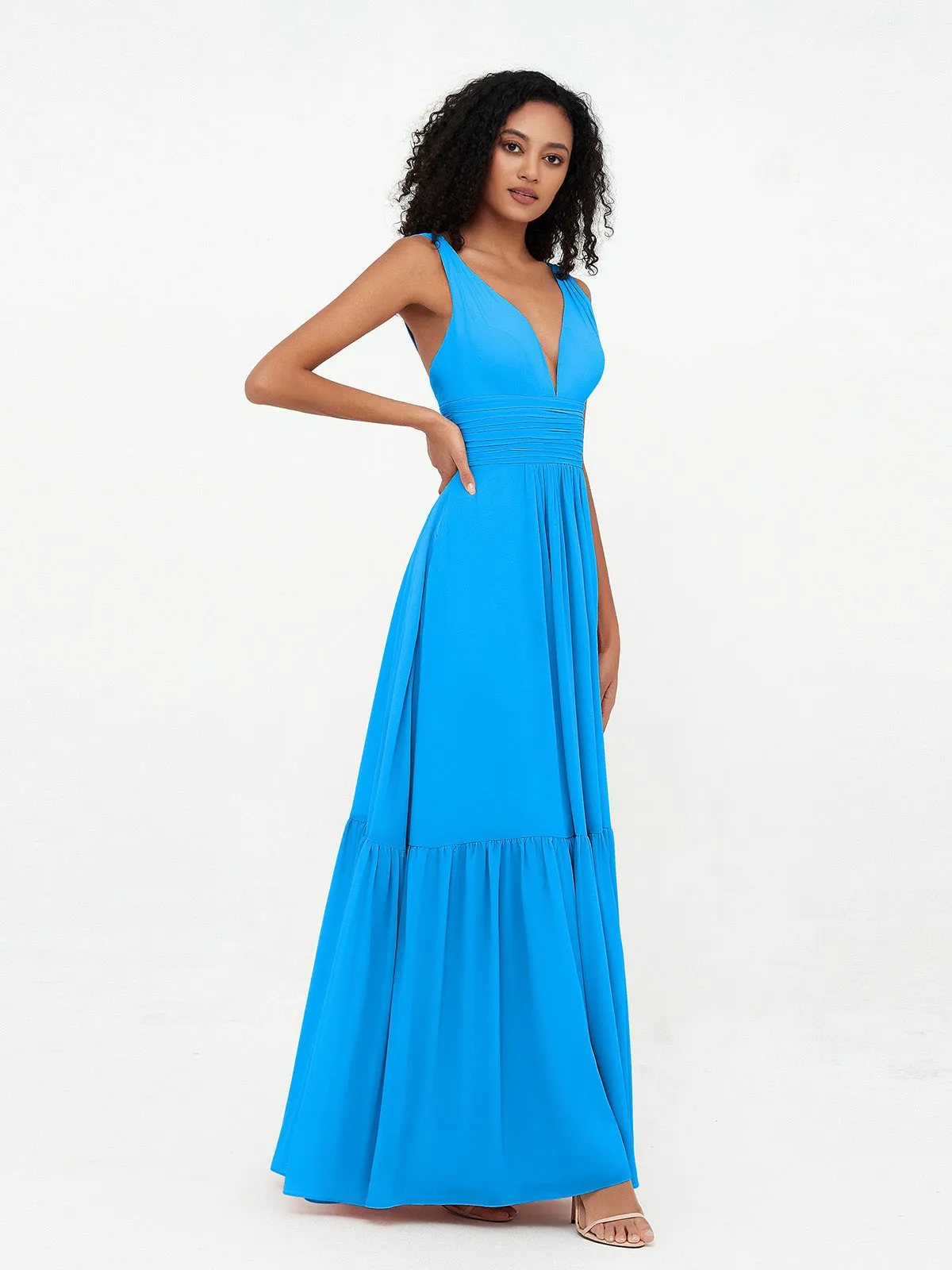 Deep-V Neck Chiffon Tiered Skirt Boho Dresses-Ocean Blue Plus Size