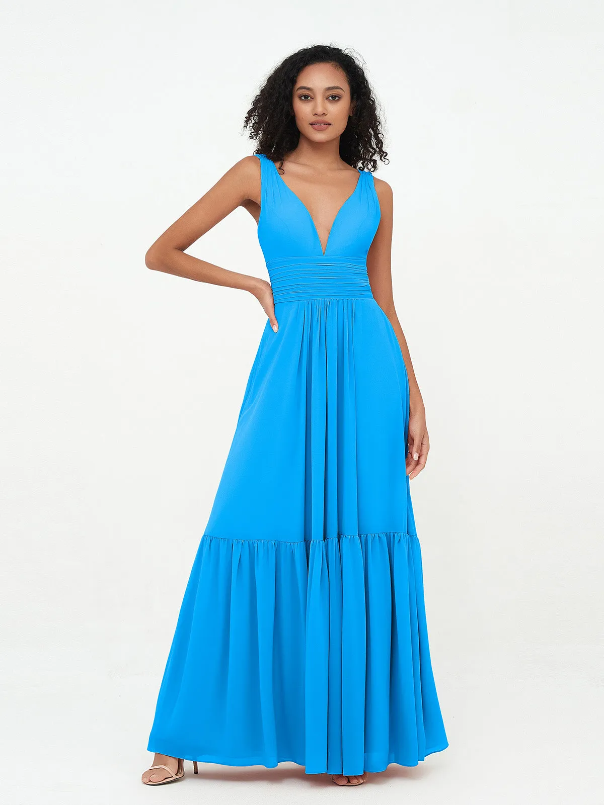 Deep-V Neck Chiffon Tiered Skirt Boho Dresses-Ocean Blue Plus Size