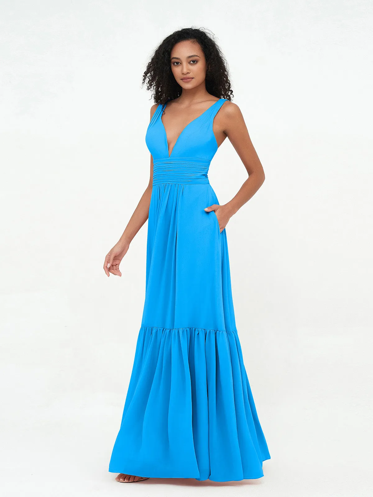 Deep-V Neck Chiffon Tiered Skirt Boho Dresses-Ocean Blue Plus Size