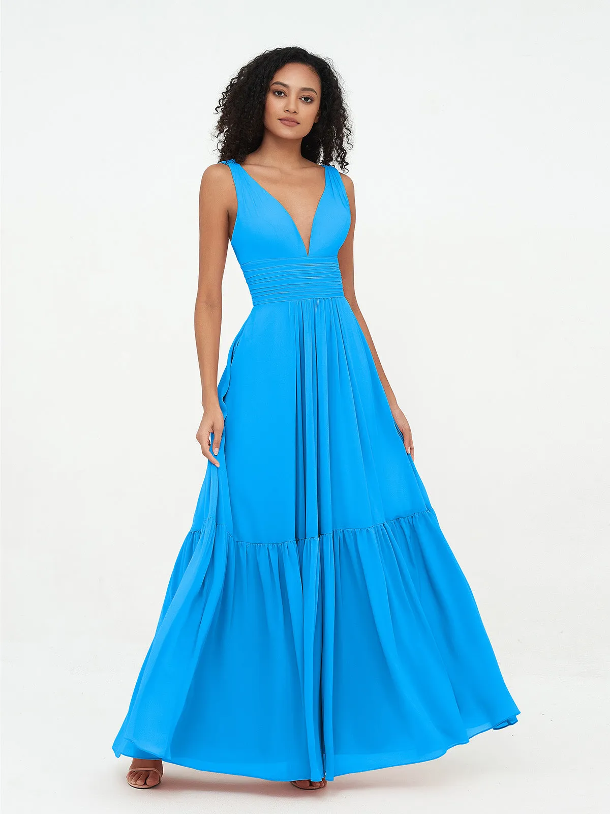 Deep-V Neck Chiffon Tiered Skirt Boho Dresses-Ocean Blue Plus Size
