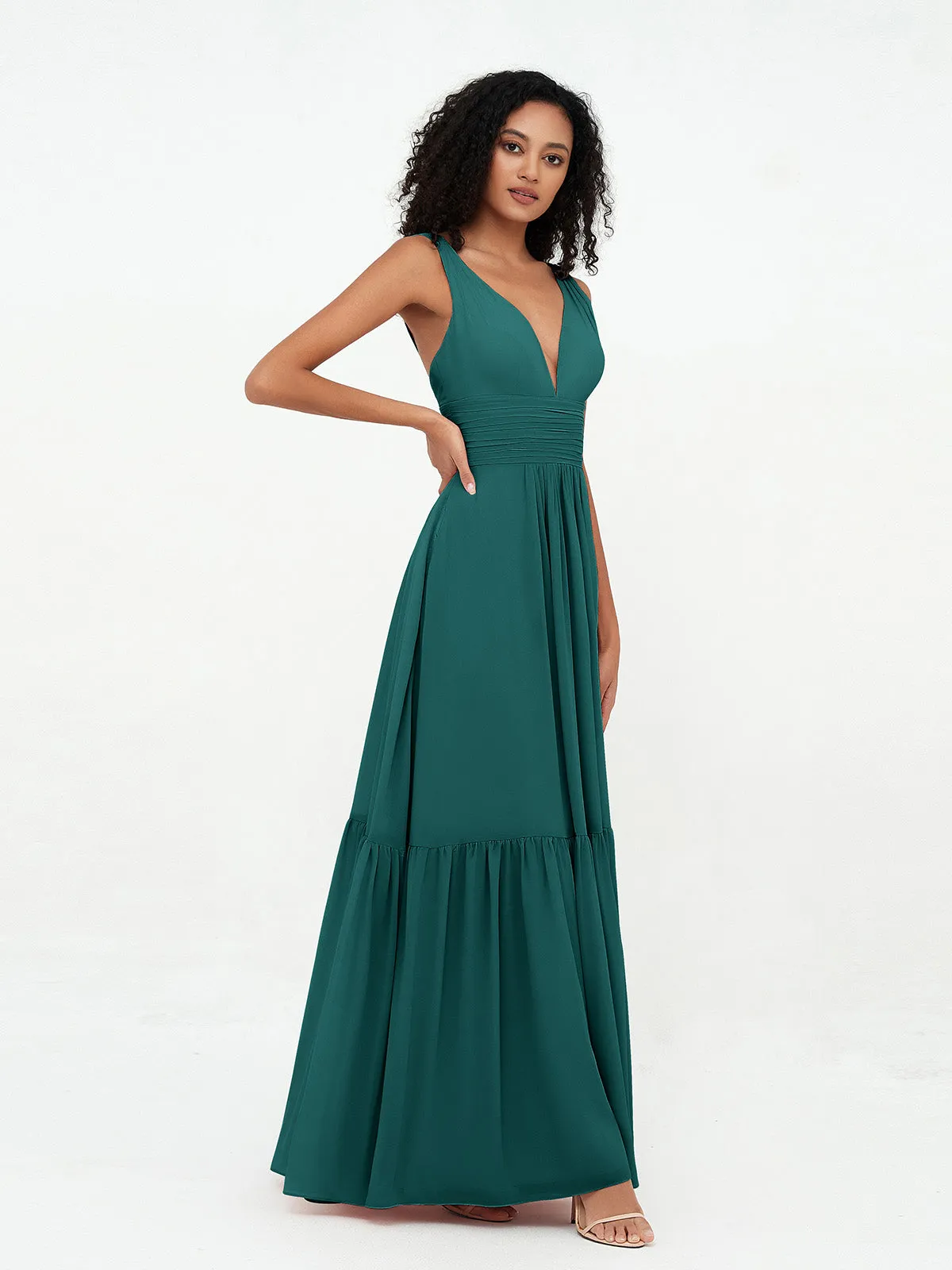 Deep-V Neck Chiffon Tiered Skirt Boho Dresses-Peacock Plus Size