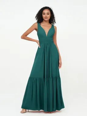 Deep-V Neck Chiffon Tiered Skirt Boho Dresses-Peacock Plus Size