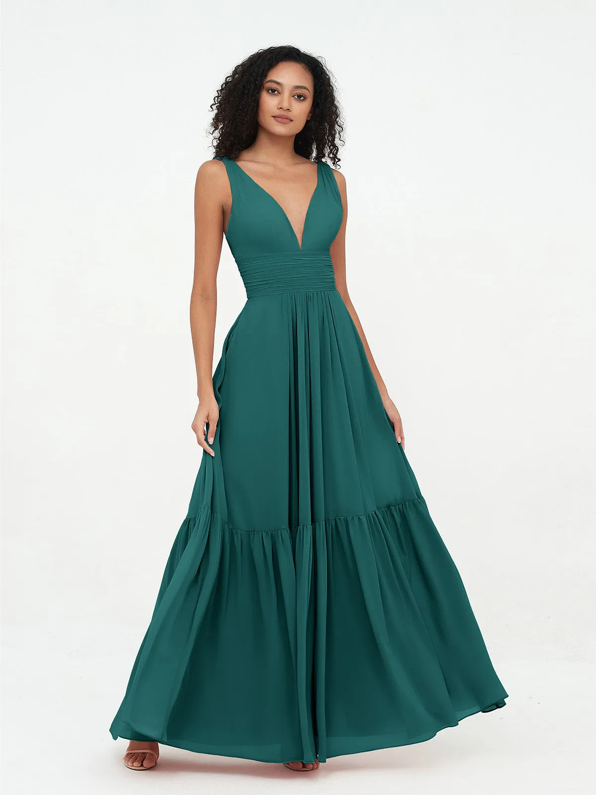 Deep-V Neck Chiffon Tiered Skirt Boho Dresses-Peacock Plus Size