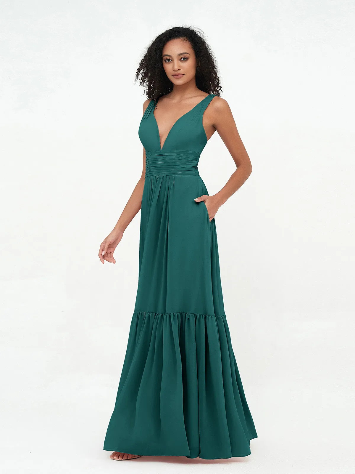 Deep-V Neck Chiffon Tiered Skirt Boho Dresses-Peacock Plus Size