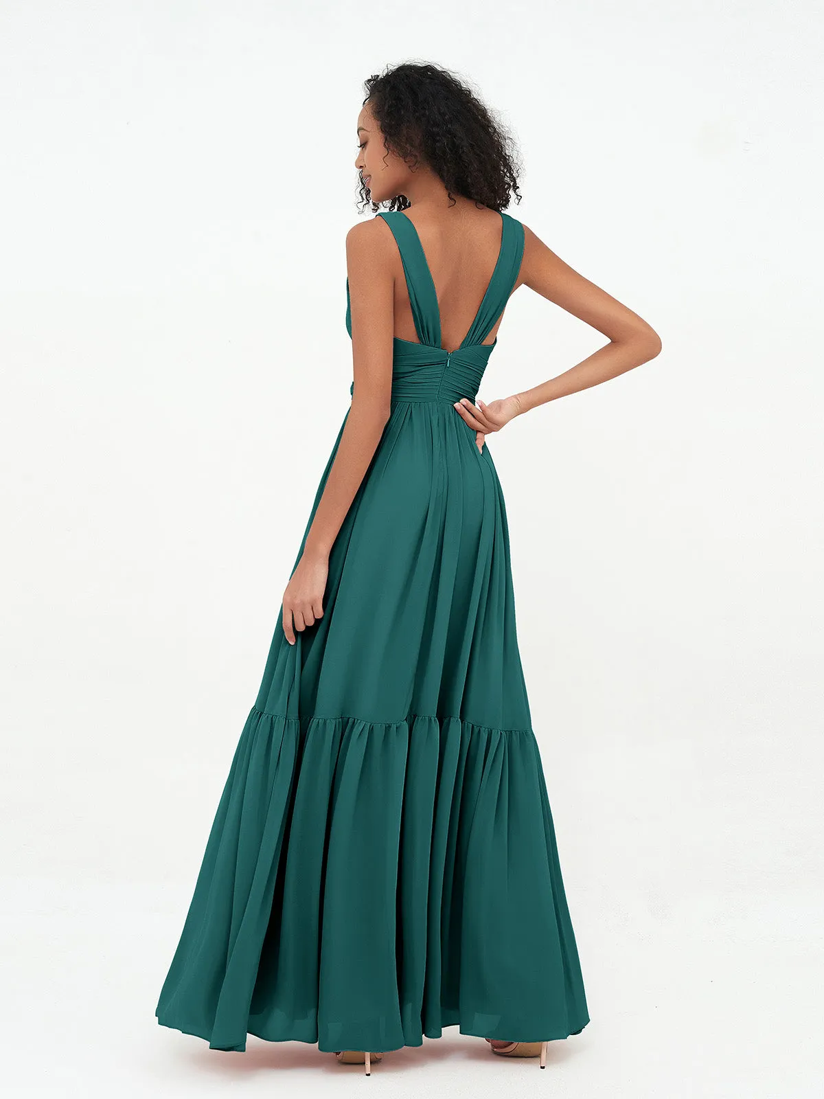 Deep-V Neck Chiffon Tiered Skirt Boho Dresses-Peacock Plus Size