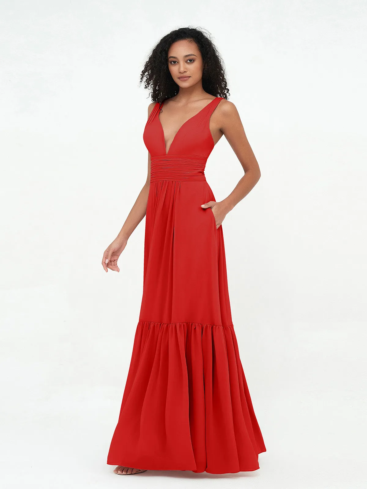 Deep-V Neck Chiffon Tiered Skirt Boho Dresses-Red Plus Size